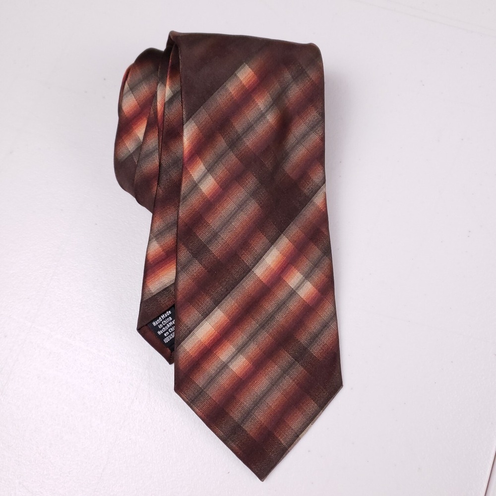 Van Heusen Silk Tie Brown Plaid Stripe Necktie Mens Business Handmade Classic
